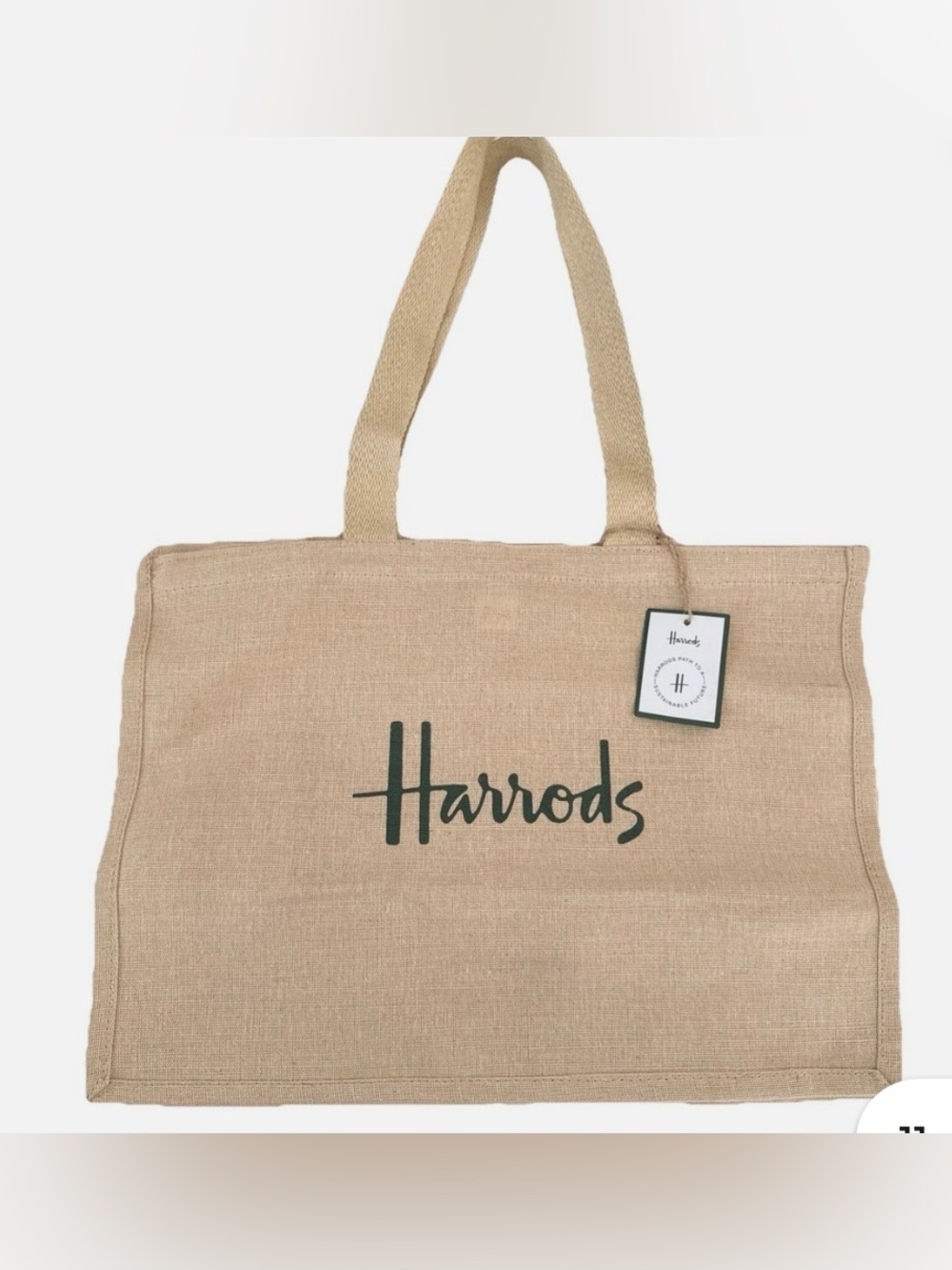 Harrods Natural Beige Canvas Tote with Dark Green Logo